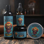 Skully's Savage beard care product set including wash, oil, and balm