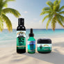 Skully's Marooned beard care products including wash, oil, and balm on a white background.