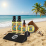Skully's beard care product set with bottles, a comb, and other items on a white background