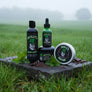 Skully's Irish Mint beard care product set including wash, balm, and other items on a white background.