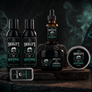 A set of beard grooming products from Skully's Heartstopper, including beard wash, beard conditioner, an amber dropper bottle, a beard treatment jar, a beard balm tin, and a small travel tube, all arranged on a dark wooden surface with a smoky dark background.