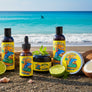 Collection of Skully's beard care products with colorful labels featuring a shark design on a white background.