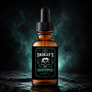 An amber glass dropper bottle of Skully's Heartstopper Beard Oil with a black cap, set against a dark background with greenish smoke and a textured stone surface.