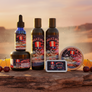 Skully's grooming products including bottles and a balm on a white background