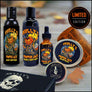 Skully's Pumpkin Jack grooming product set with bottles, balm, and comb on a white background.