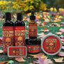 Skully's Autumn Reserve beard oil and balm set with skull design on red labels.