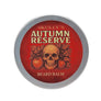 Skully's Autumn Reserve beard balm container with skull and apple design on a red background