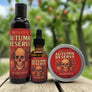 Skully's Autumn Reserve beard care products including wash, oil, and balm