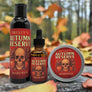 Skully's Autumn Reserve beard care products including wash, oil, and balm