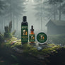 Skully's Ember Pine beard care product set including wash, oil, and balm on a white background.