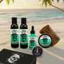 Skully's beard care product set with bottles, balm, and comb on a white background