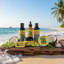 Collection of Skully's beard care products with colorful labels featuring a shark design on a white background.