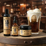 Skully's Root Beer themed beard care products on a white background