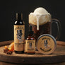Skully's sires Root Beer beard care products including wash, oil, and balm on a white background
