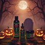 Three beard grooming products from Skully's Zombie Brew are displayed on a white background: a large black bottle of beard wash, an amber dropper bottle of beard oil, and a black jar of beard balm, all featuring bright green and black labels with orange text.