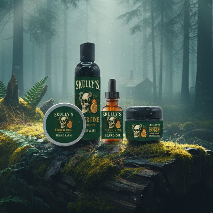 Skully's Ember Pine beard care product set on a white background