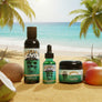 Skully's Marooned beard care products including wash, oil, and balm on a white background.