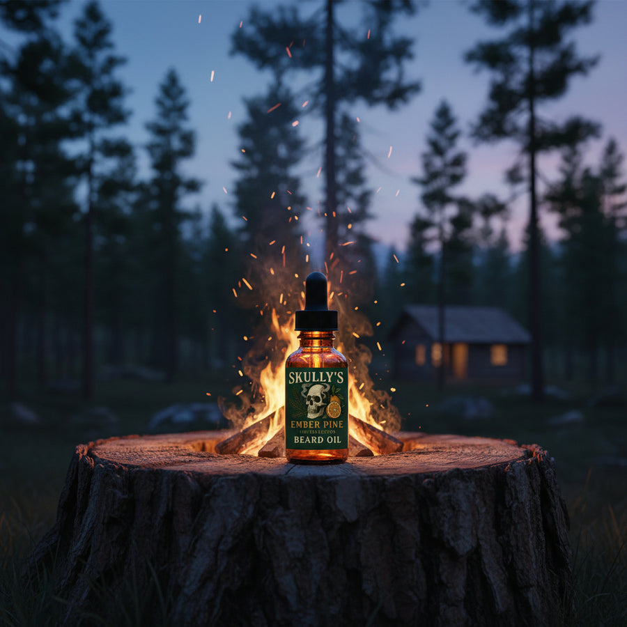 Skully's Ember Pine Beard Oil bottle with dropper on a white background