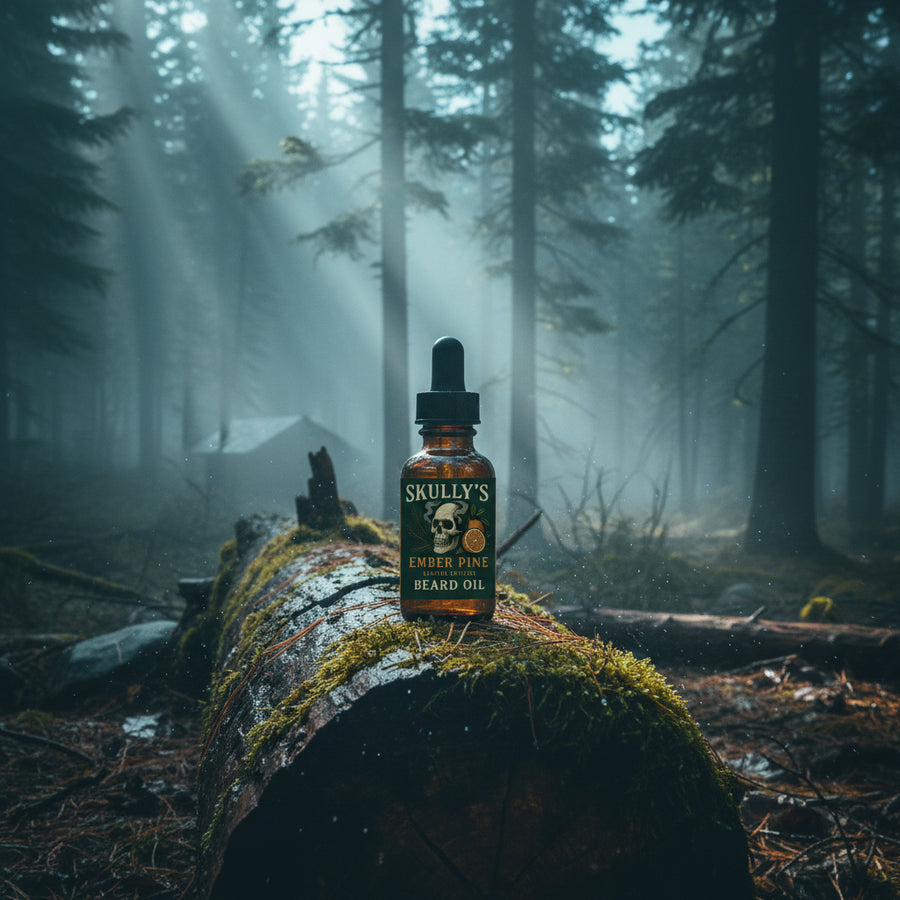 Skully's Ember Pine Beard Oil bottle with dropper on a white background