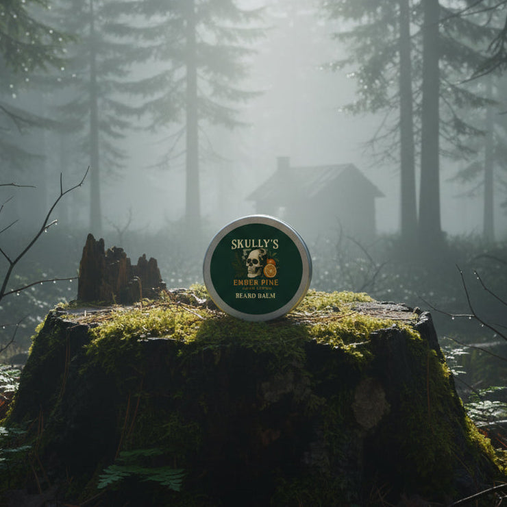 Skully's Ember Pine Beard Balm container with skull and pine design on a green background