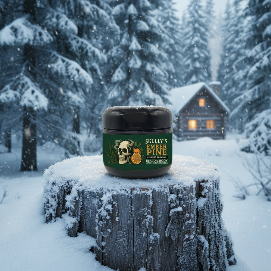Skully's Ember Pine beard and body conditioning butter jar with black lid on a white background