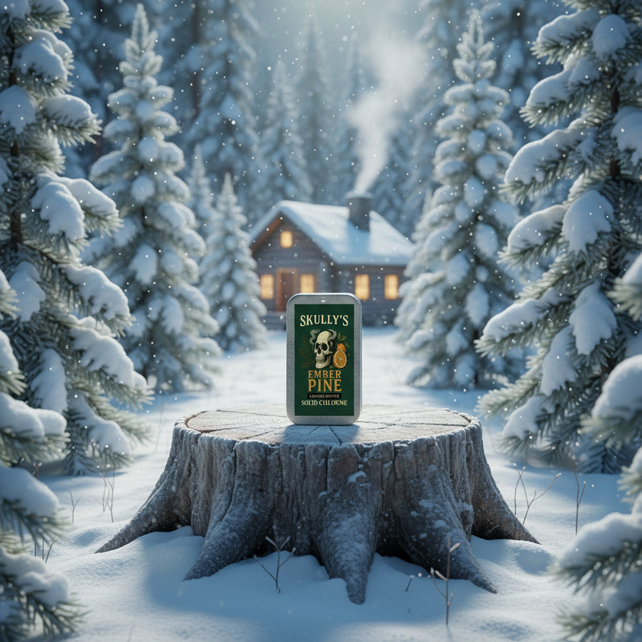 Skully's Ember Pine solid cologne packaging with skull and pine design on a green background