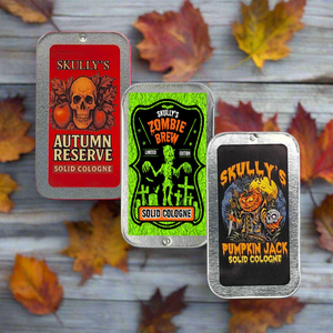 Three Skully's Solid Cologne packages with Halloween-themed designs on a white background.