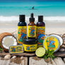 Collection of Skully's beard care products with colorful labels featuring a shark design on a white background.