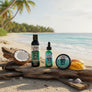 Skully's Marooned beard care product set including wash, oil, and balm on a white background.