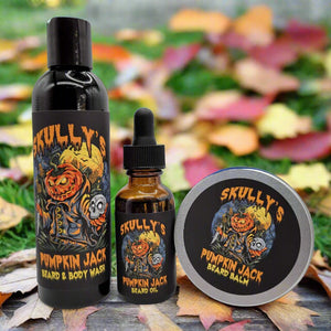 Skully's Pumpkin Jack skincare product set on a white background