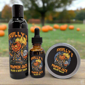 Skully's Pumpkin Jack skincare product set on a white background