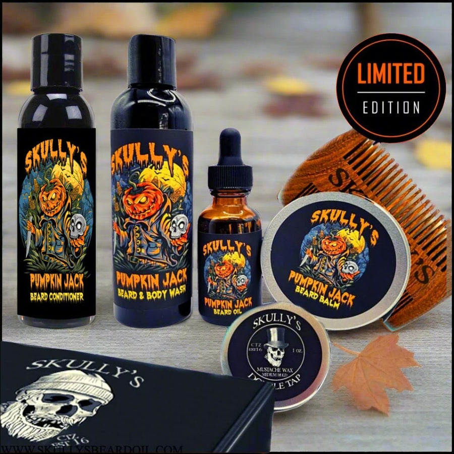 Skully's Pumpkin Jack grooming product set with bottles, balm, and comb on a white background.