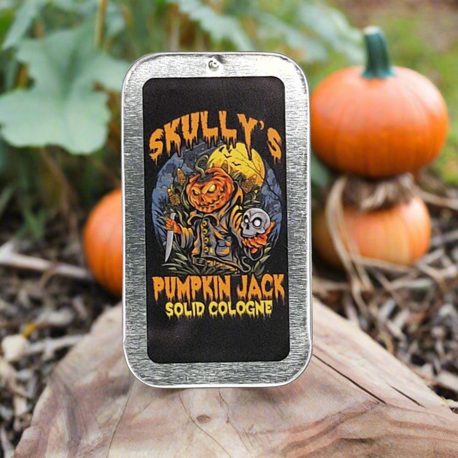 Skully's Pumpkin Jack Solid Cologne packaging with a silver lid on a white background
