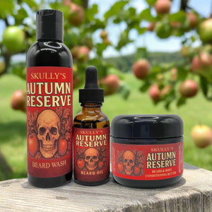 Skully's Autumn Reserve beard care products including wash, oil, and conditioning butter