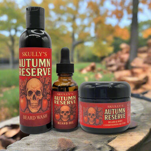 Skully's Autumn Reserve beard care products including wash, oil, and conditioning butter 