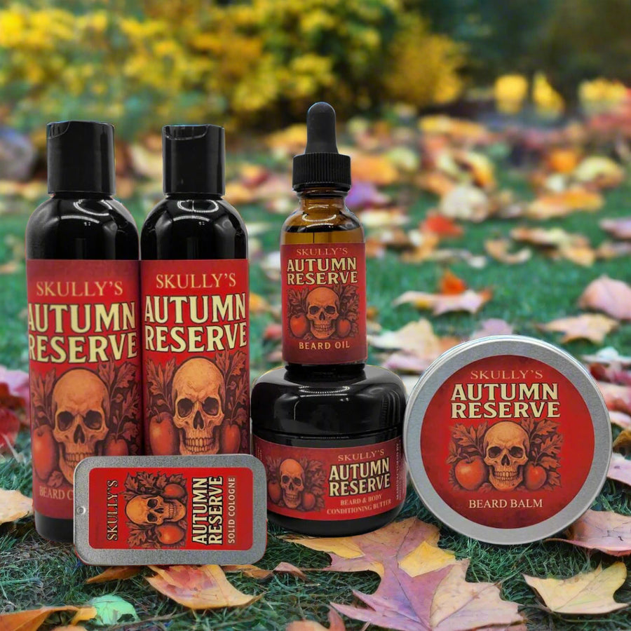 Skully's Autumn Reserve beard oil and balm set with skull design on red labels.