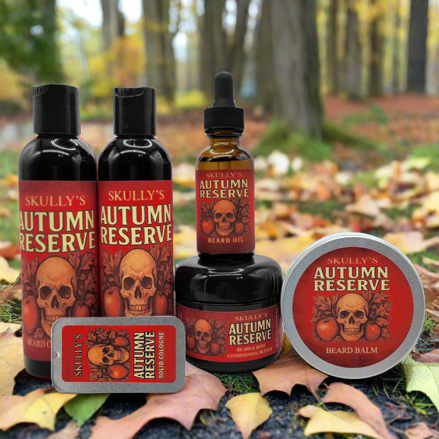 Skully's Autumn Reserve beard oil and balm set with skull design on red labels.