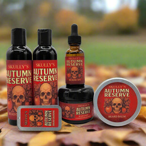 Skully's Autumn Reserve beard oil and balm set with skull design on red labels.