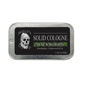 Backwoods Solid Cologne scent of Eucalyptus, Cedarwood, Fir needle, and Dark patchouli