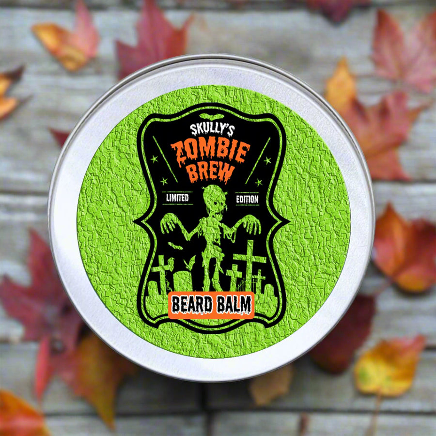 Skully's Zombie Brew beard balm container with green label and silver lid on a white background