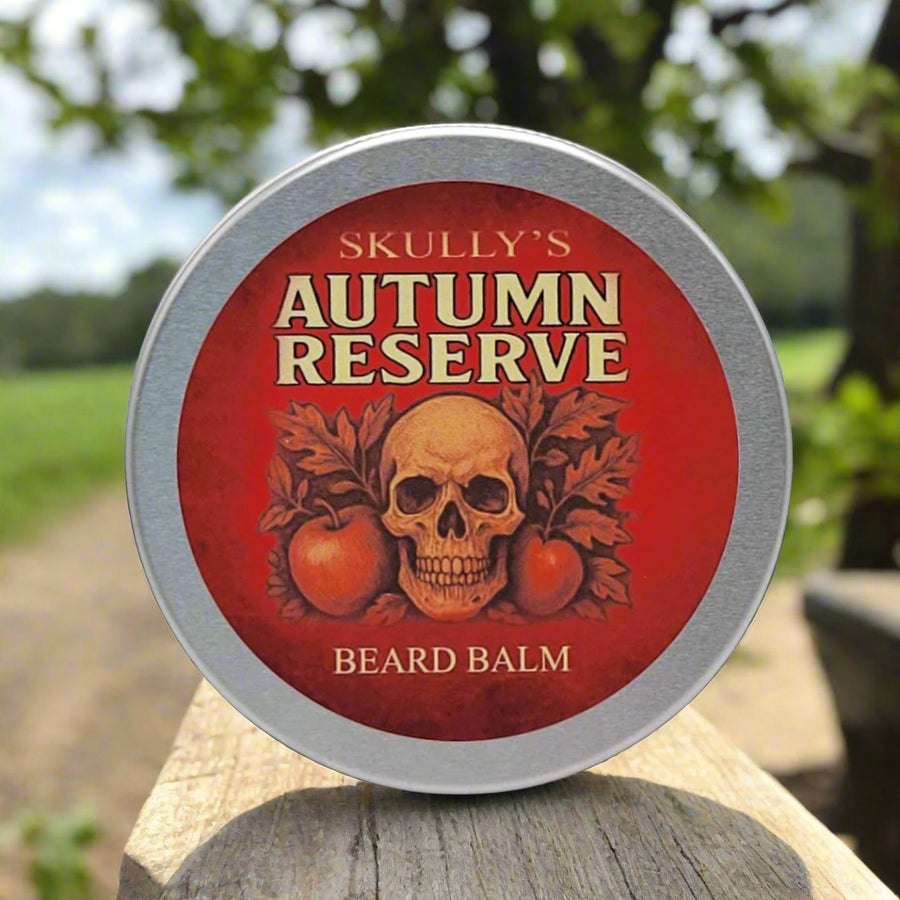 skullys beard oil autumn reserve beard balm, apple, oak scented