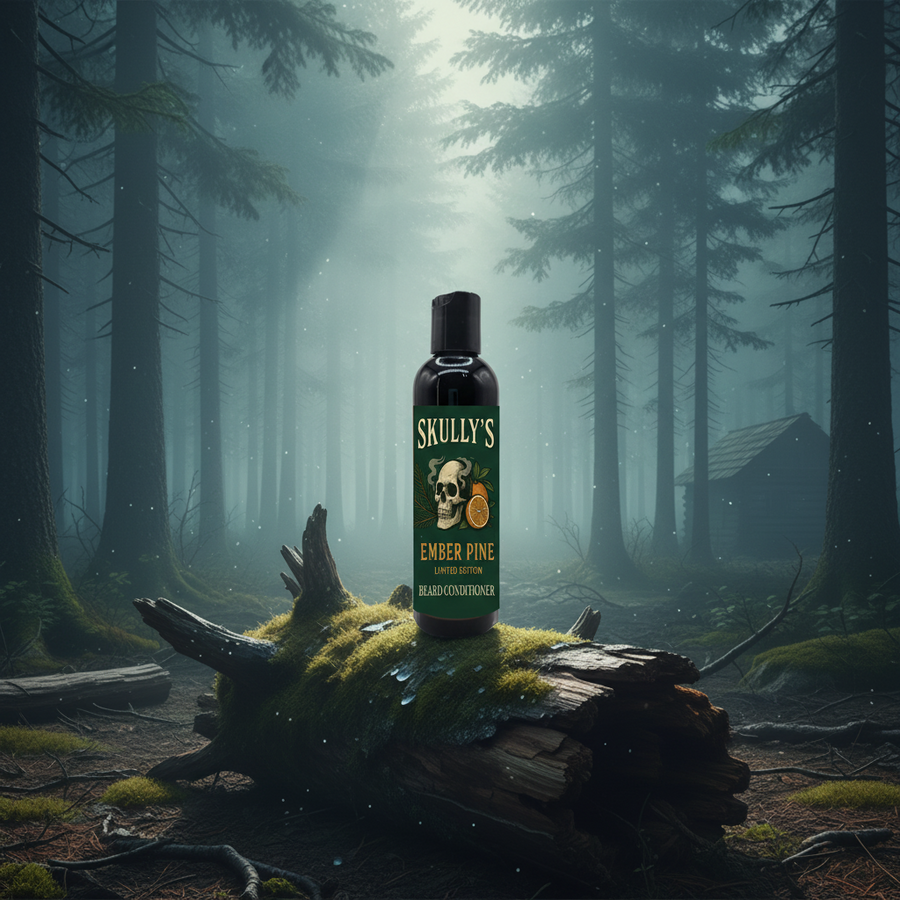 Skully's Ember Pine beard conditioner bottle on a white background