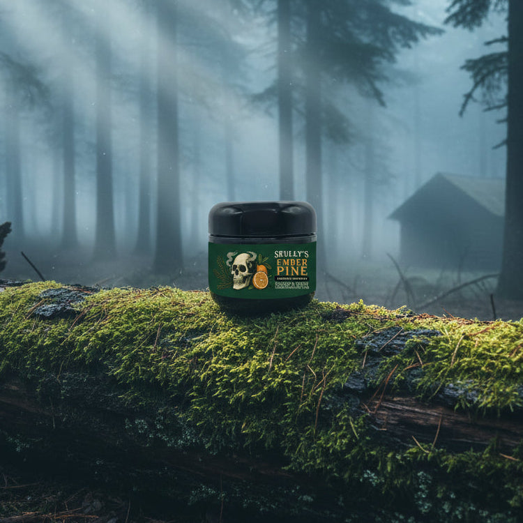 Skully's Ember Pine beard and body conditioning butter jar with black lid on a white background