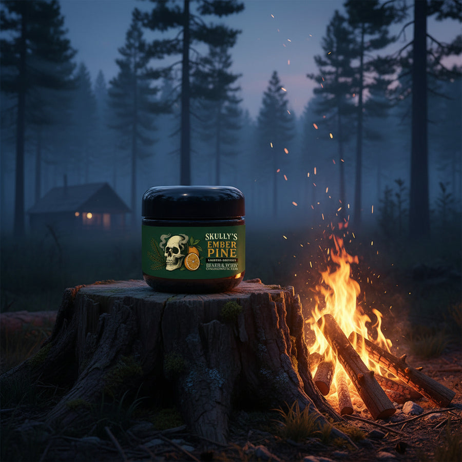 Skully's Ember Pine beard and body conditioning butter jar with black lid on a white background