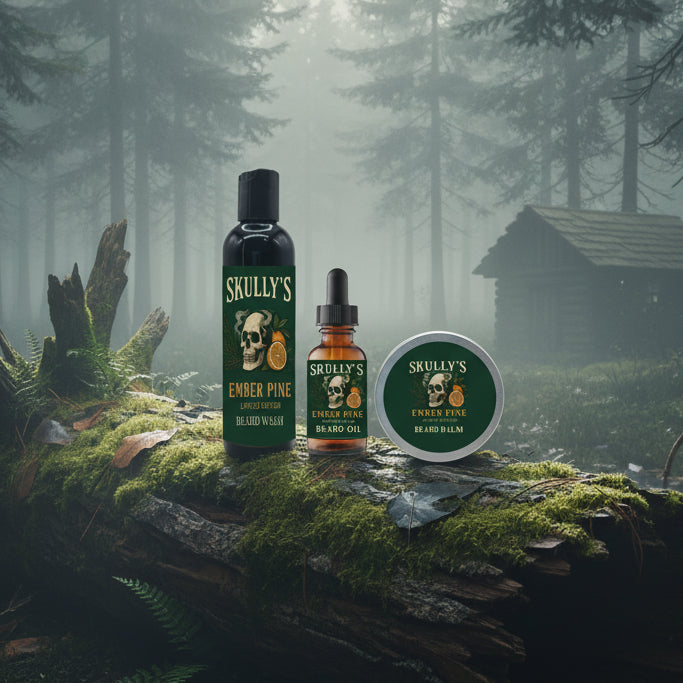 Skully's Ember Pine beard care product set including wash, oil, and balm on a white background.