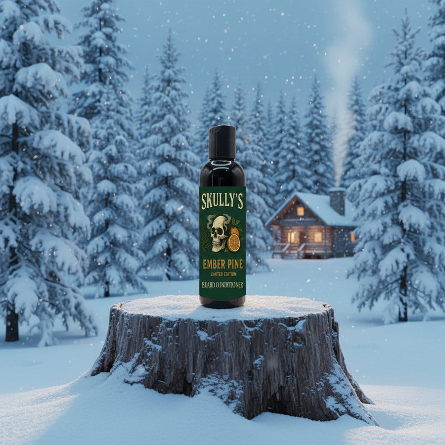 Skully's Ember Pine beard conditioner bottle on a white background
