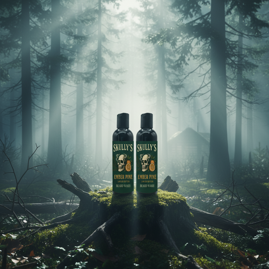 Two bottles of Skully's Ember Pine Beard Wash on a white background