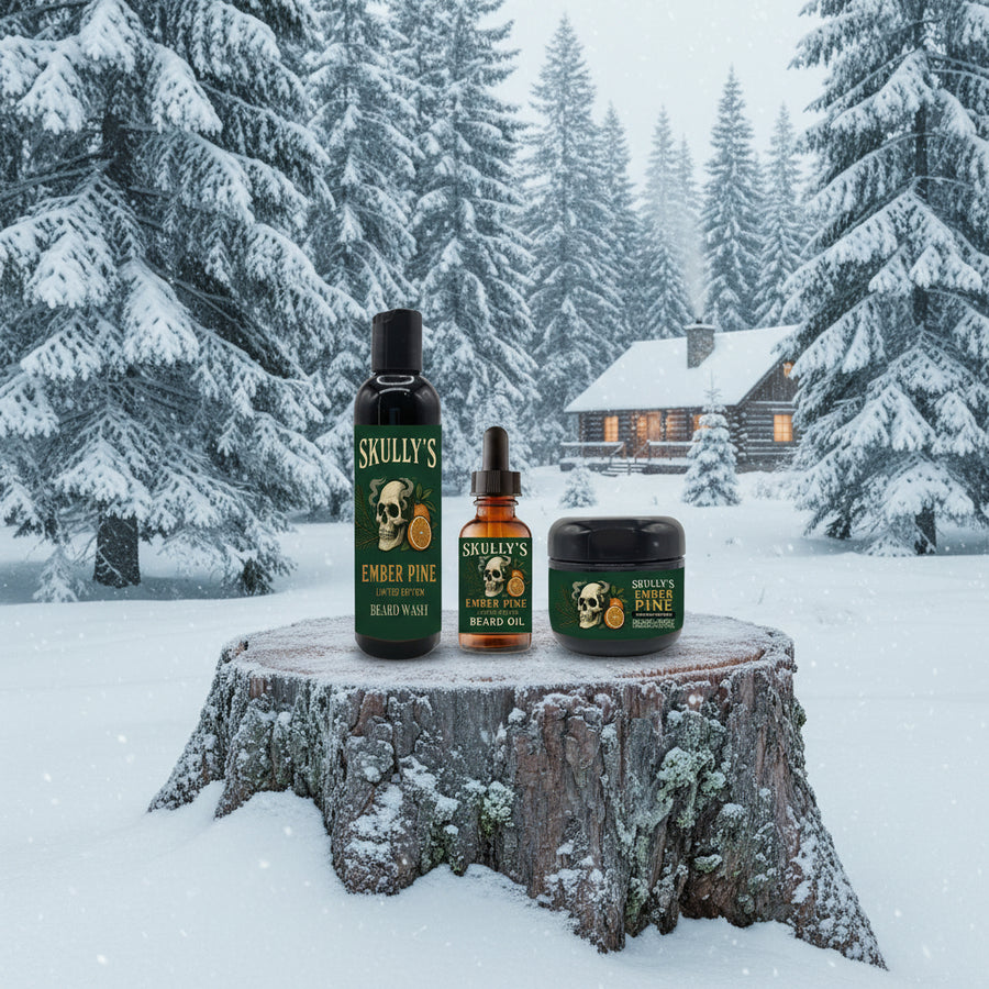 Skully's Ember Pine beard care products including wash, oil, and balm on a white background.