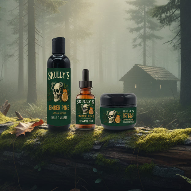 Skully's Ember Pine beard care product set including wash, oil, and balm on a white background