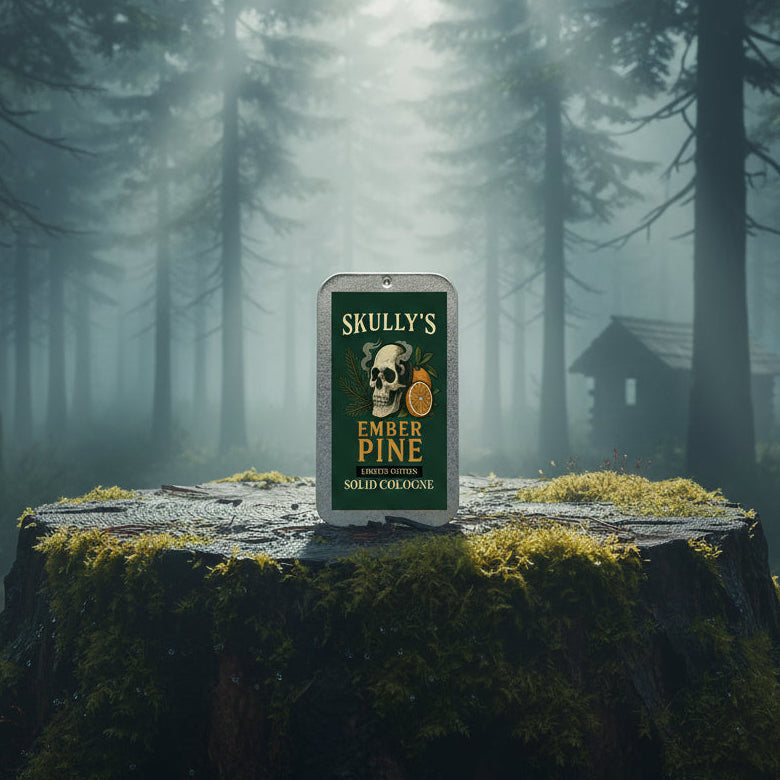Skully's Ember Pine solid cologne packaging with skull and pine design on a green background.